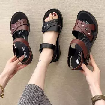 Летняя обувь для женщин 2024 года, новые ретро-сандалии с открытым носком на танкетке, женские сандалии на открытом воздухе, удобные, мягкие, кожаные, на платформе, женские сандалии 35 чёрный