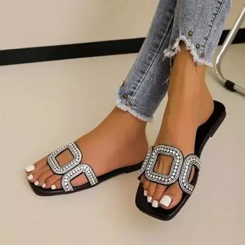 Летняя обувь для женщин Римские украшения Стразы Женские тапочки с квадратным носком Сандалии для активного отдыха Большие размеры Женские шлепанцы на плоской подошве 36 бежевый