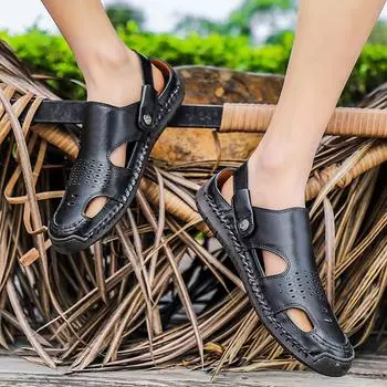 Летняя обувь FashionSoft Leather Classic Roman Beach Flats Тапочки двойного назначения Мягкие походные сандалии для активного отдыха Дышащие мужские сандалии 38 чёрный