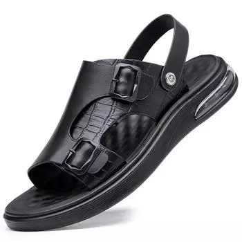 Летняя обувь из натуральной кожи, нескользящие мужские сандалии из коровьей кожи на плоской подошве, праздничные мужские сандалии, мужская обувь, чистый черный цвет 39 чёрный