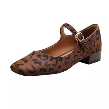 Летняя обувь Krazing Pot из конского волоса из натуральной кожи на низком каблуке с квадратным носком, женские леопардовые туфли Мэри Джейн на мелкой подошве