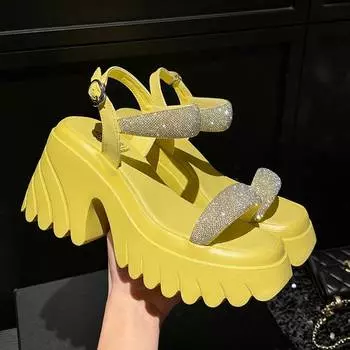 Летняя обувь Krazing Pot из коровьей кожи с открытым носком на толстом высоком каблуке и пряжкой на ремешке, женские сандалии с блестящими украшениями из кристаллов 34 белый