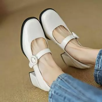 Летняя обувь Krazing Pot из натуральной кожи с круглым носком на массивном каблуке, женские туфли-лодочки Мэри Джейн с пряжкой и ремешком 34 белый
