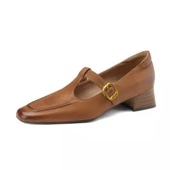 Летняя обувь Krazing Pot из овечьей замши с квадратным носком на массивном среднем каблуке, женские туфли-лодочки с пряжкой и ремешком 34 коричневый