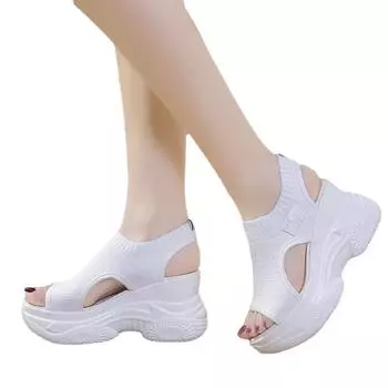 Летняя обувь Летающие тканые сандалии на платформе Женская сетчатая дышащая обувь на танкетке «рыбий рот» Спортивная повседневная обувь 35 чёрный