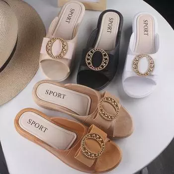 Летняя обувь на танкетке для женщин, уличные тапочки, модные металлические сандалии на платформе с круглой пряжкой, женские повседневные пляжные тапочки 36-37