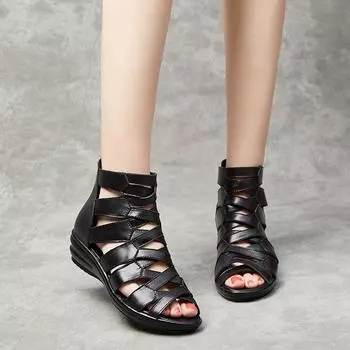 Летняя обувь Римские сандалии Плоские босоножки на танкетке с открытым носком Сандалии «Рыбий рот» Большие размеры Сандалии 35 чёрный