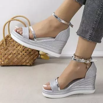 Летняя обувь Сандалии больших размеров на танкетке с толстой подошвой и пряжкой «рыбий рот» с сумкой и босоножки «бисквит» 36 золотой