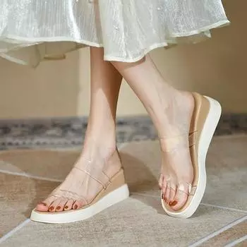 Летняя обувь Сандалии на танкетке Прозрачные досуговые тапочки на толстой подошве из ПВХ на одной ноге 35 жёлтый