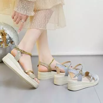 Летняя обувь, сандалии на танкетке, женская обувь на толстой подошве с пряжкой и открытым носком, удобная женская обувь больших размеров 36 золотой