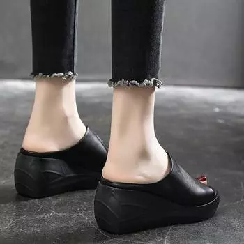 Летняя обувь Сандалии «рыбий рот» Женская дышащая женская обувь на толстой подошве на танкетке и тапочках 35 чёрный