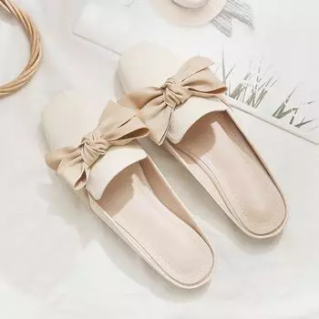 Летняя обувь, жемчужные тапочки, женские сандалии и тапочки на плоской подошве для отдыха с бантом 35 бежевый
