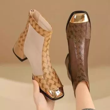 Летняя обувь Женская мода Ботильоны на толстой подошве Удобные кружевные сетчатые ботинки для женщин Женские высокие каблуки Ботинки Botas De Mujer 35 хаки