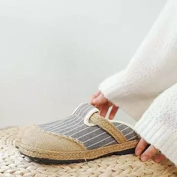 Летняя обувь, женские тапочки, полосатые хлопковые и конопляные шлепанцы на плоской подошве для отдыха, лаконичные женские тапочки 35 серый