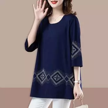 Летняя одежда большого размера Футболка со средними рукавами для женщин Свободный крой для пожилых женщин среднего возраста Толстовка с рукавами семь четвертей Топ с короткими рукавами XL синий