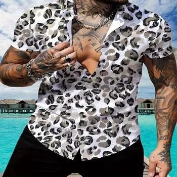 Летняя одежда для активного отдыха, обычная мужская новинка, леопардовый узор, на пуговицах, с коротким рукавом, повседневная рубашка из полиэфирного волокна S