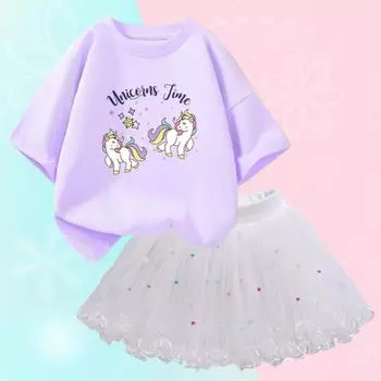 Летняя одежда для детей от 2 до 12 лет, милая футболка с единорогом и сетчатая юбка-пачка, комплект из двух предметов, симпатичный корейский комплект одежды для маленьких девочек, модная одежда 6T(130cm)