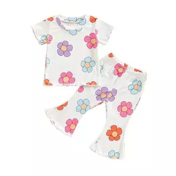 Летняя одежда для девочек, футболка с короткими рукавами и эластичными расклешенными брюками с цветочным/арбузным принтом, милая одежда из 2 предметов 3-4 Years белый