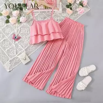 Летняя одежда для девочек, костюмы, однотонные топы без рукавов на бретельках с рюшами и плиссированные широкие брюки с эластичной резинкой на талии, комплект из 2 предметов 8Y жёлтый