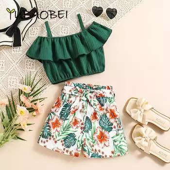 Летняя одежда для девочек, модная детская одежда, комплекты укороченных топов и шорт на одно плечо, детский зеленый костюм с цветочным принтом 10Y зелёный
