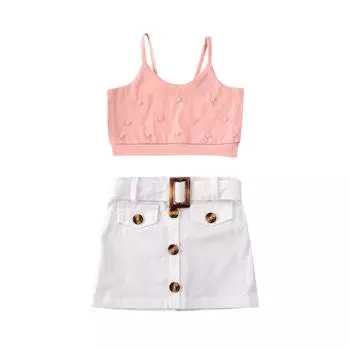 Летняя одежда для девочек от 1 до 5 лет, укороченная майка без рукавов, рубашка, мини-белая юбка, модный комплект 90 розовый