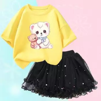 Летняя одежда для девочек от 3 до 12 лет, футболка с милым котом и сетчатая юбка-пачка, комплект из двух предметов, модная корейская детская одежда, наряды 6T(130cm)