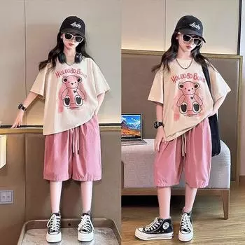 Летняя одежда для девочек-подростков, детские футболки с рисунком медведя из мультфильма, шорты, детский костюм для девочек с короткими рукавами и надписью, комплект из 2 предметов, верх и низ 140 розовый