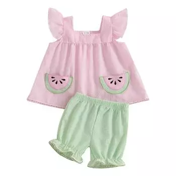 Летняя одежда для девочек с полосатым принтом, с рукавами-крылышками, с квадратным вырезом, с оборками, шорты, наряд 0-3 Months розовый