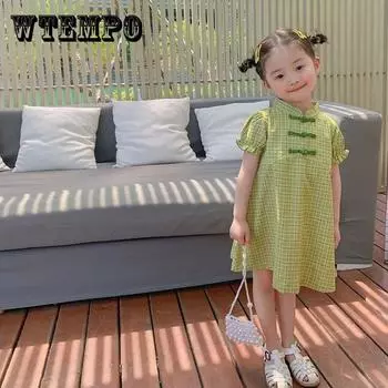 Летняя одежда для девочек, юбка Cheongsam Hanfu, летнее детское улучшенное платье принцессы в китайском стиле 90 зелёный