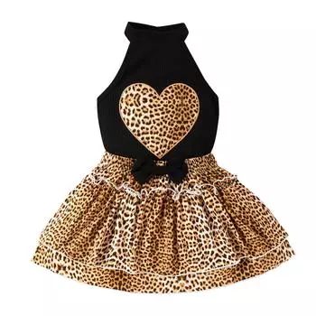 Летняя одежда для девочек, вязаные топы без рукавов в рубчик с сердечками, многоуровневые юбки с леопардовым принтом и оборками, комплект одежды из 2 предметов 5-6 Years чёрный