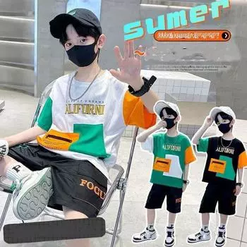 Летняя одежда для мальчиков 4-14 лет, состоящий из двух частей, летняя повседневная одежда, детская спортивная одежда, детская футболка + шорты, брюки 160 белый