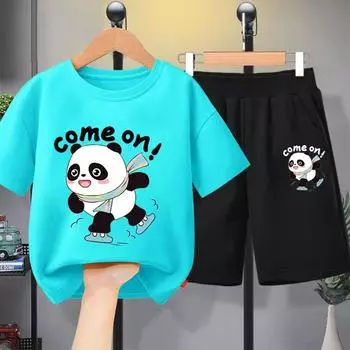 Летняя одежда для мальчиков, футболка и шорты, комплект из 2 предметов, спортивный костюм с принтом панды для девочек-подростков и мальчиков, модный повседневный наряд с верхом и низом 100CM
