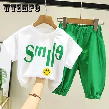Летняя одежда для мальчиков и девочек, милые и красивые укороченные штаны с короткими рукавами, детский корейский летний костюм из двух предметов 150