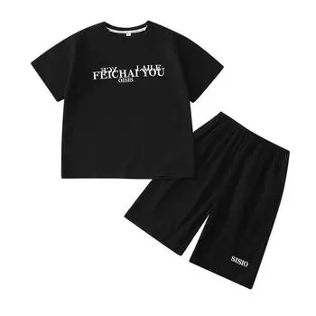 Летняя одежда для мальчиков от 9 до 12 лет, модная футболка с короткими рукавами и буквами, верх и короткий низ, комплект из 2 предметов, повседневный спортивный костюм для подростков 100CM
