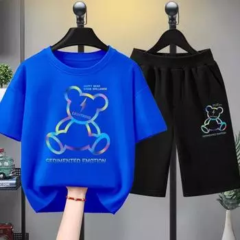 Летняя одежда для маленьких девочек, футболки с принтом медведя для мальчиков, костюм со штанами, детский комплект из 2 предметов с короткими рукавами, верх и низ 100CM