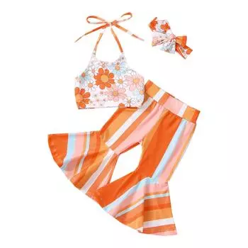 Летняя одежда для маленьких девочек, комплект из 3 предметов, 6 месяцев, 12 месяцев, 18 месяцев, 24 месяца, 3 года, 4 года, 5 лет, бретелька с лямкой на бретельках с цветочным принтом + брюки-клеш в полоску + повязка на голову с бантом 12-18 Months оранже