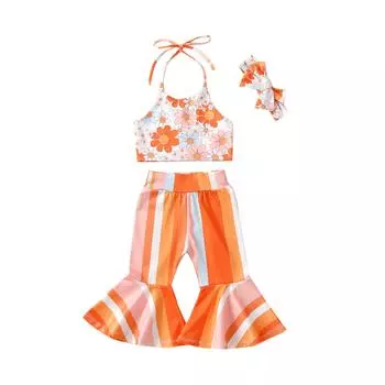 Летняя одежда для маленьких девочек, комплект из 3 предметов, 6 месяцев, 12 месяцев, 18 месяцев, 24 месяца, 3 года, 4 года, 5 лет, бретелька с лямкой на бретельках с цветочным принтом + брюки-клеш в полоску + повязка на голову с бантом 2-3 Years оранжевый