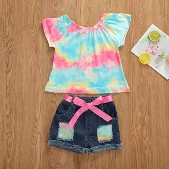 Летняя одежда для маленьких девочек, красочная футболка с радужным принтом и оборками на рукавах, топы + джинсовые синие шорты, комплект из 2 предметов 4-5 Years