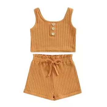 Летняя одежда для маленьких девочек, однотонный жилет в рубчик на пуговицах, укороченные топы, шорты на шнурке, милый наряд для младенцев 6-12 Months жёлтый