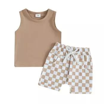 Летняя одежда для маленьких мальчиков 6, 12, 18, 24 месяцев, однотонные майки без рукавов и шорты с эластичной резинкой на талии в клетку, комплект одежды из 2 предметов 0-6 Months синий