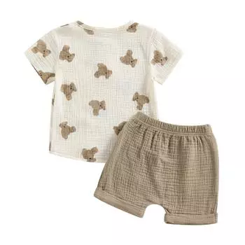 Летняя одежда для маленьких мальчиков 6, 12, 18, 24, белая, от 3 до 4 лет, топы с карманами и короткими рукавами с принтом медведя и однотонные шорты, одежда из 2 предметов 6-12 Months белый