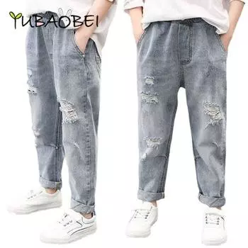 Летняя одежда для маленьких мальчиков, узкие прямые рваные джинсы, классические брюки, детская джинсовая одежда, длинные брюки, весенние повседневные брюки для мальчиков 110 синий