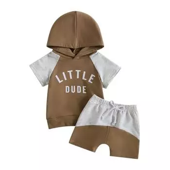 Летняя одежда для маленьких мальчиков, одежда с буквенным принтом, контрастные цвета, топы и шорты с капюшоном и короткими рукавами, костюм из 2 предметов 0-6 Months коричневый