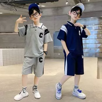 Летняя одежда для маленьких мальчиков, спортивные комплекты, лоскутная футболка + короткие штаны, костюмы из 2 предметов, детский спортивный костюм, одежда 100 серый