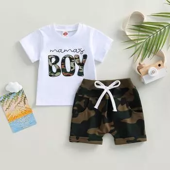 Летняя одежда для маленьких мальчиков, футболка с короткими рукавами для маленьких мальчиков, топы, комплект с шортами на завязках для младенцев 0-6 Months белый