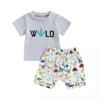 Летняя одежда для маленьких мальчиков, наряды, футболки с круглым вырезом и короткими рукавами с буквенным принтом и шорты с принтом бейсбола/акул/динозавров, костюм 0-6 Months белый