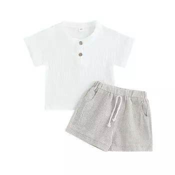 Летняя одежда для маленьких мальчиков, однотонная хлопковая льняная футболка с короткими рукавами для маленьких мальчиков, топы, повседневный комплект с шортами, комплект из 2 предметов 2-3 Years синий