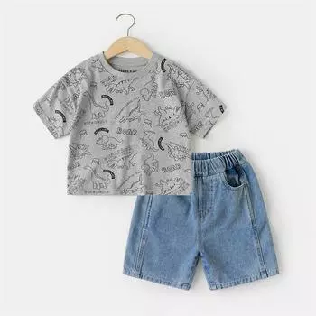 Комплект из 2 предметов для мальчиков из хлопка - футболка с коротким рукавом с мультяшным динозавром + джинсовые шорты Высококачественный повседневный наряд-6М-5Л 3-4 Years серый