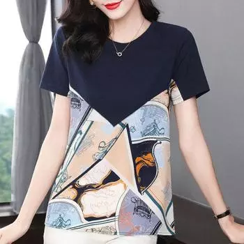 Летняя одежда для матерей среднего и пожилого возраста, хлопковая футболка с короткими рукавами, женская контрастного цвета, большой размер, повседневный свободный топ с круглым вырезом XS розовый