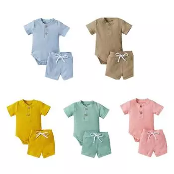 Летняя одежда для новорожденных мальчиков и девочек, висящие полосатые шорты с воротником-стойкой и короткими рукавами, комплект из двух предметов, розовый, От 1 до 12 месяцев S